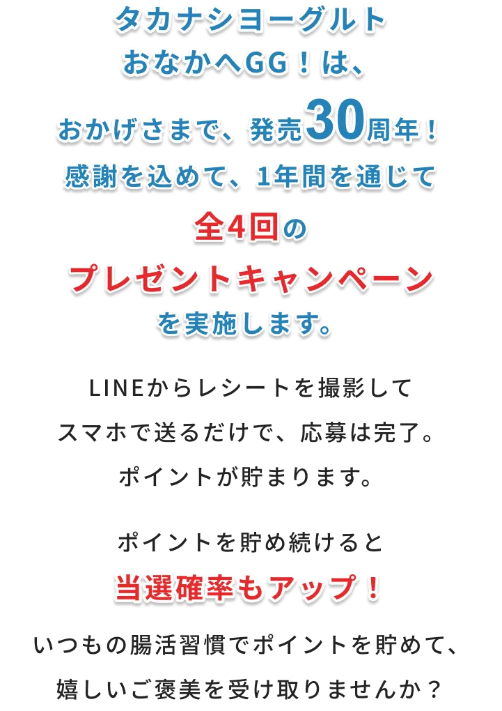 タカナシヨーグルトおなかへGG！は、おかげさまで、発売30周年！感謝を込めて、1年間を通じて全4回のプレゼントキャンペーンを実施します。LINEからレシートを撮影してスマホで送るだけで、応募は完了。ポイントが貯まります。ポイントを貯め続けると当選確率もアップ！いつもの腸活習慣でポイントを貯めて、嬉しいご褒美を受け取りませんか？